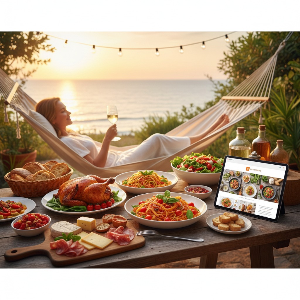 CHI SIAMO Una donna si rilassa su un'amaca di fronte al mare accanto a un tavolo imbandito con piatti di pasta, pollo arrosto, salumi e un tablet che mostra un sito web di ricette.